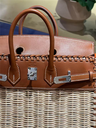 Bir.kin Picnic bag 25 Swift Leather Wicker Silver Tone Hardware Brown HS