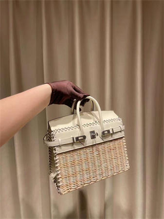 Bir.kin Picnic bag 25 Swift Leather Wicker Silver Tone Hardware White HS