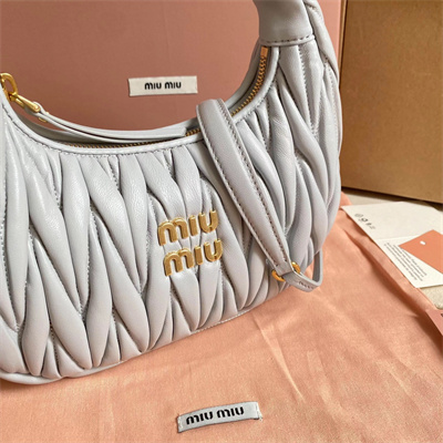 MiuMiu Wander matelassé nappa leather Small hobo bag Pearl Gray Color