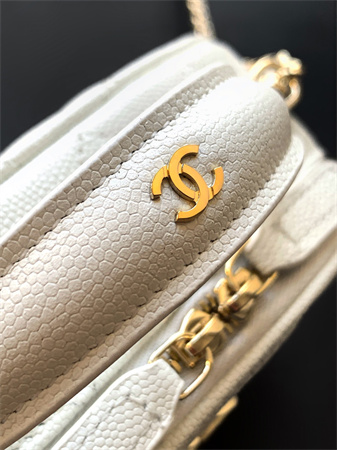 Chanel Mini Top Handle Bag With Chain Grained Calfskin Gold Tone Metal White AP4438
