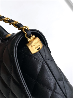 CHANEL Flap Bag With Top Handle Lambskin Gold Tone Metal Black AS5356