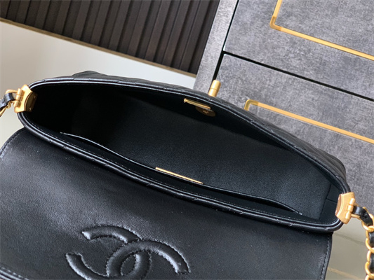 CHANEL Flap Bag With Top Handle Lambskin Gold Tone Metal Black AS5356