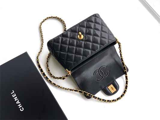 CHANEL Mini Flap Bag With Top Handle Lambskin Gold Tone Metal Black AS5355