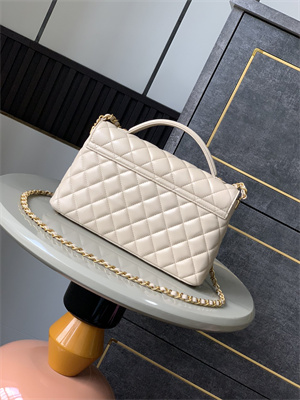 CHANEL Flap Bag With Top Handle Lambskin Gold Tone Metal Beige AS5356