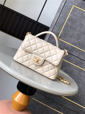 CHANEL Mini Flap Bag With Top Handle Lambskin Gold Tone Metal Beige AS5355
