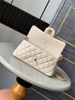 CHANEL Mini Flap Bag With Top Handle Lambskin Gold Tone Metal Beige AS5354