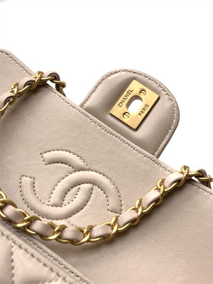CHANEL Mini Flap Bag With Top Handle Lambskin Gold Tone Metal Beige AS5354