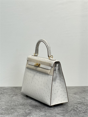 Kelly Sellier Bag Ostrich Leather 25 Gold/Silver Hardware In Craie Color HS