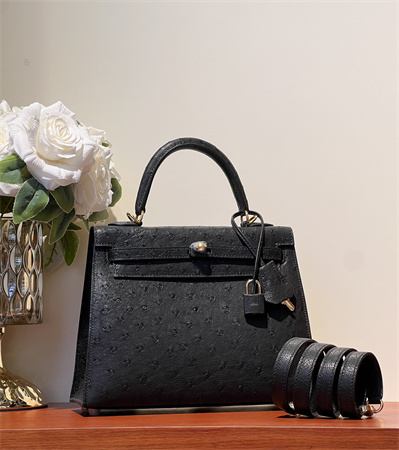 Kelly Sellier Bag Ostrich Leather 25 Gold/Silver Hardware In Black Color HS
