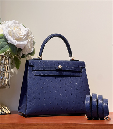 Kelly Sellier Bag Ostrich Leather 25 Gold/Silver Hardware In Navy Color HS