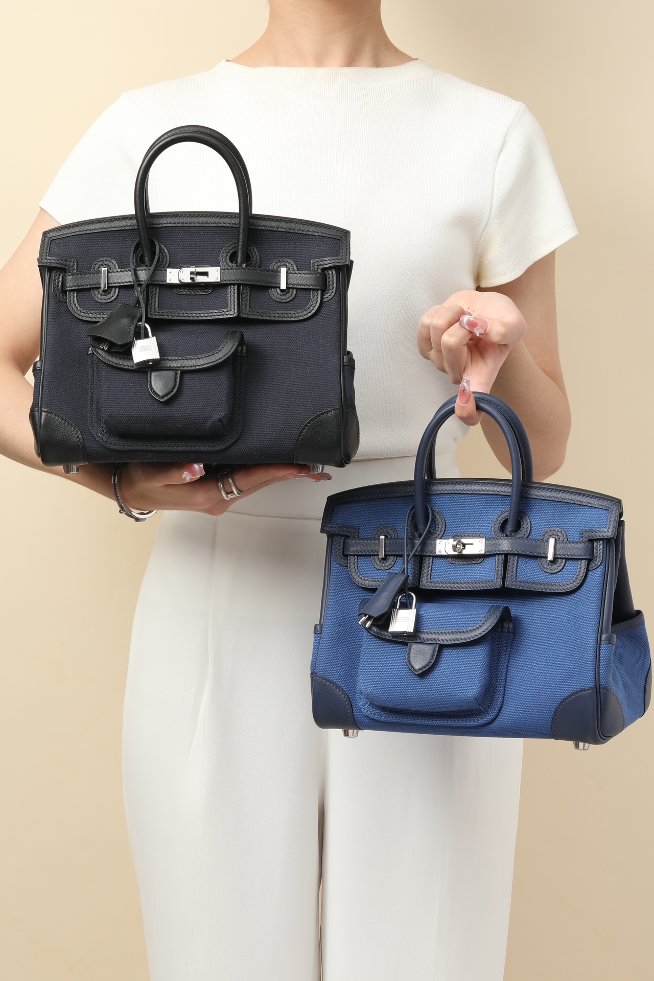 Birkin Cargo Bag 25 Swift Leather/Canvas Silver Hardware 7 Color Options HS