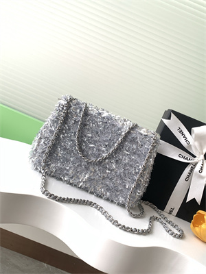 Cha.nel Flap Bag Sequins and Silver Tone Metal Grey AS4561