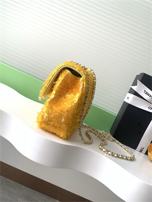 Cha.nel Flap Bag Sequins and Gold Tone Metal Yellow AS4561