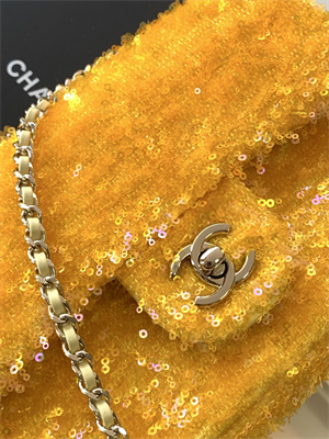Cha.nel Flap Bag Sequins and Gold Tone Metal Yellow AS4561