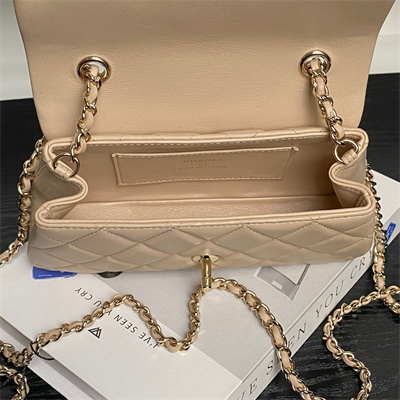 Chanel FLAP PHONE HOLDER WITH CHAIN Lambskin Gold-Tone Metal Beige AP4592