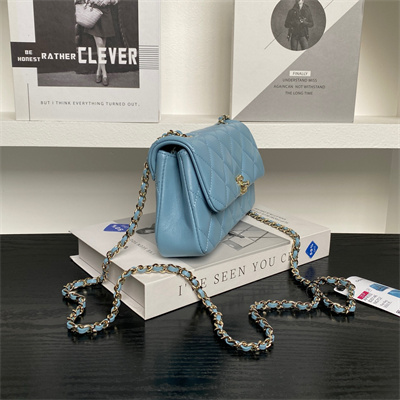 Chanel FLAP PHONE HOLDER WITH CHAIN Lambskin Gold-Tone Metal Blue AP4592