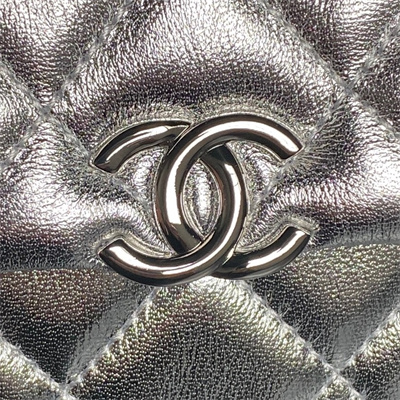 Chanel Mini FLAP PHONE HOLDER WITH CHAIN Lambskin Silver-Tone Metal Silver AP4593