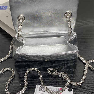 Chanel Mini FLAP PHONE HOLDER WITH CHAIN Lambskin Silver-Tone Metal Silver AP4593
