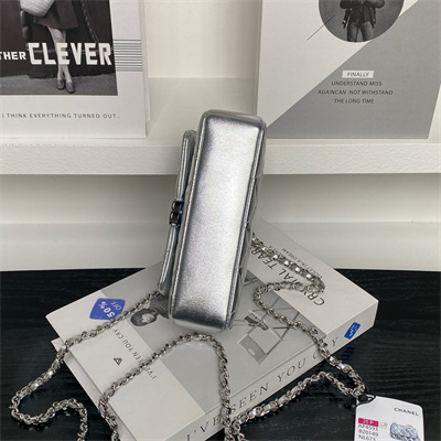 Chanel Mini FLAP PHONE HOLDER WITH CHAIN Lambskin Silver-Tone Metal Silver AP4593