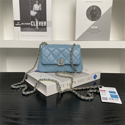 Chanel Mini FLAP PHONE HOLDER WITH CHAIN Lambskin Gold-Tone Metal Blue AP4593