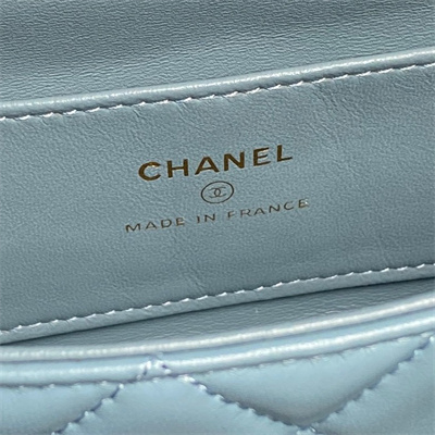 Chanel Mini FLAP PHONE HOLDER WITH CHAIN Lambskin Gold-Tone Metal Blue AP4593