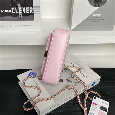 Chanel Mini FLAP PHONE HOLDER WITH CHAIN Lambskin Gold-Tone Metal Pink AP4593