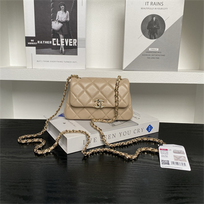 Chanel Mini FLAP PHONE HOLDER WITH CHAIN Lambskin Gold-Tone Metal Beige AP4593