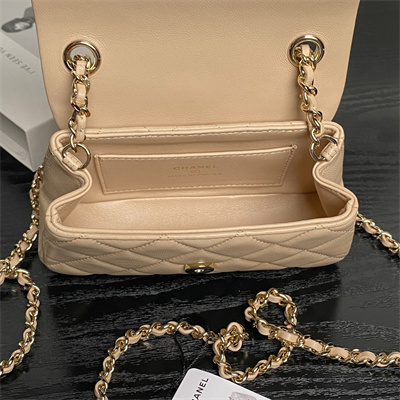 Chanel Mini FLAP PHONE HOLDER WITH CHAIN Lambskin Gold-Tone Metal Beige AP4593