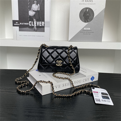 Chanel Mini FLAP PHONE HOLDER WITH CHAIN Lambskin Gold-Tone Metal Black AP4593