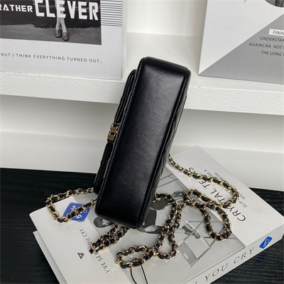 Chanel Mini FLAP PHONE HOLDER WITH CHAIN Lambskin Gold-Tone Metal Black AP4593