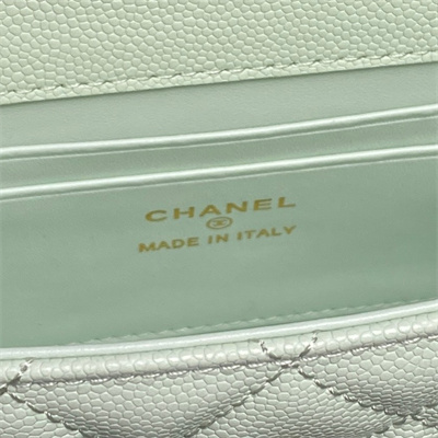 Cha.nel Clutch With Chain Top Handle Grained Calfskin Gold Tone Metal Lt Green AP3238