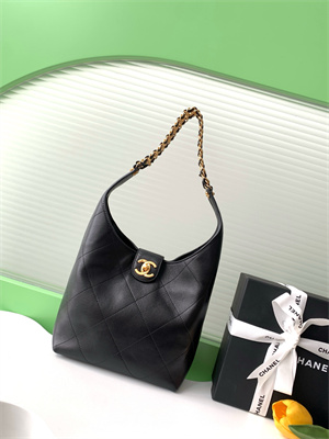 Chanel Hobo Bag Lambskin Gold Tone Metal Black AS5403