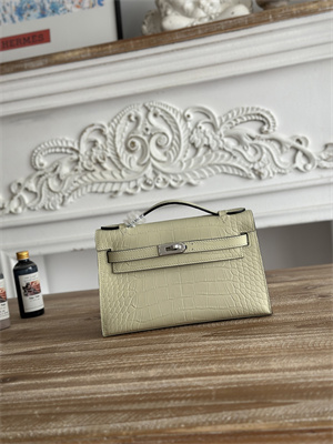 Kelly Pochette Bag Embossed Crocodile Silver Tone Hardware Vanille HS