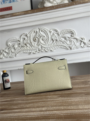 Kelly Pochette Bag Embossed Crocodile Silver Tone Hardware Vanille HS