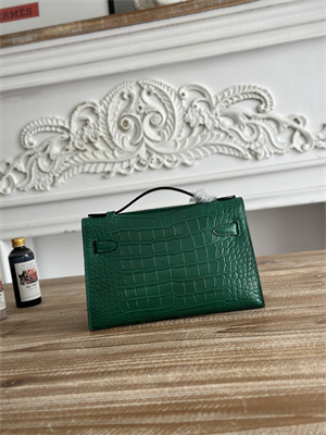 Kelly Pochette Bag Embossed Crocodile Silver Tone Hardware Dk Green HS