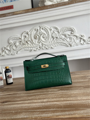 Kelly Pochette Bag Embossed Crocodile Gold Tone Hardware Dk Green HS