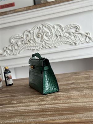 Kelly Pochette Bag Embossed Crocodile Gold Tone Hardware Dk Green HS