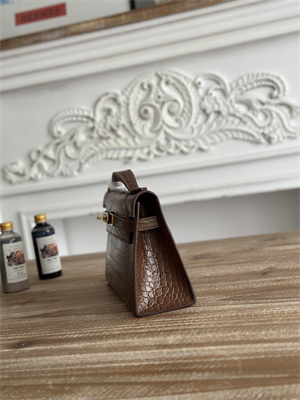 Kelly Pochette Bag Embossed Crocodile Gold Tone Hardware Brown HS