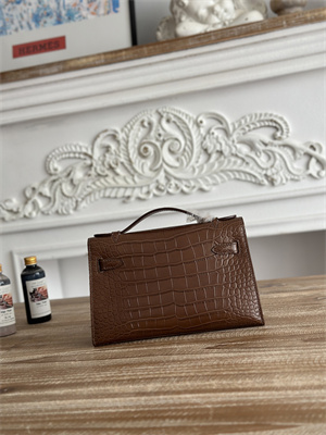 Kelly Pochette Bag Embossed Crocodile Silver Tone Hardware Brown HS