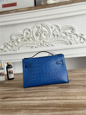 Kelly Pochette Bag Embossed Crocodile Gold Tone Hardware Blue Hydra HS