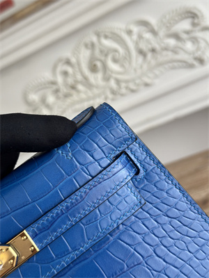 Kelly Pochette Bag Embossed Crocodile Gold Tone Hardware Blue Hydra HS
