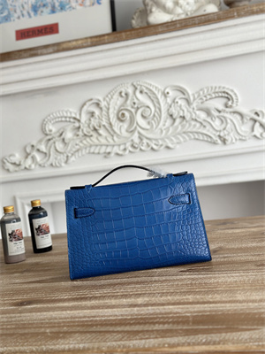 Kelly Pochette Bag Embossed Crocodile Silver Tone Hardware Blue Hydra HS