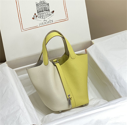 Picotin Lock Bag 18 Togo Leather Silver Tone Metal In Craie/Jaune Poussin HS