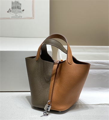 Picotin Lock Bag 18 Togo Leather Silver Tone Metal In Etoupe/Gold HS