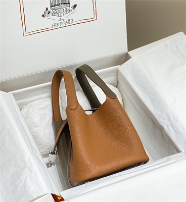 Picotin Lock Bag 18 Togo Leather Silver Tone Metal In Etoupe/Gold HS