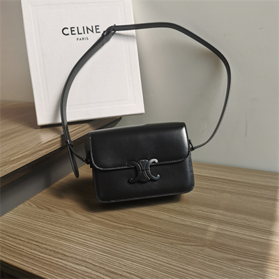 Celine Teen Triomphe Bag In Shiny Calfskin All Black Color
