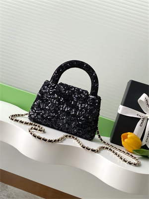 Cha.nel Mini Shopping Bag Kelly Bag Sequins Gold-Tone Metal Black AS4416