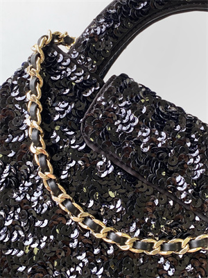 Cha.nel Mini Shopping Bag Kelly Bag Sequins Gold-Tone Metal Black AS4416