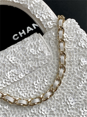 Cha.nel Mini Shopping Bag Kelly Bag Sequins Gold-Tone Metal White AS4416