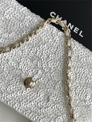 Cha.nel Mini Shopping Bag Kelly Bag Sequins Gold-Tone Metal White AS4416